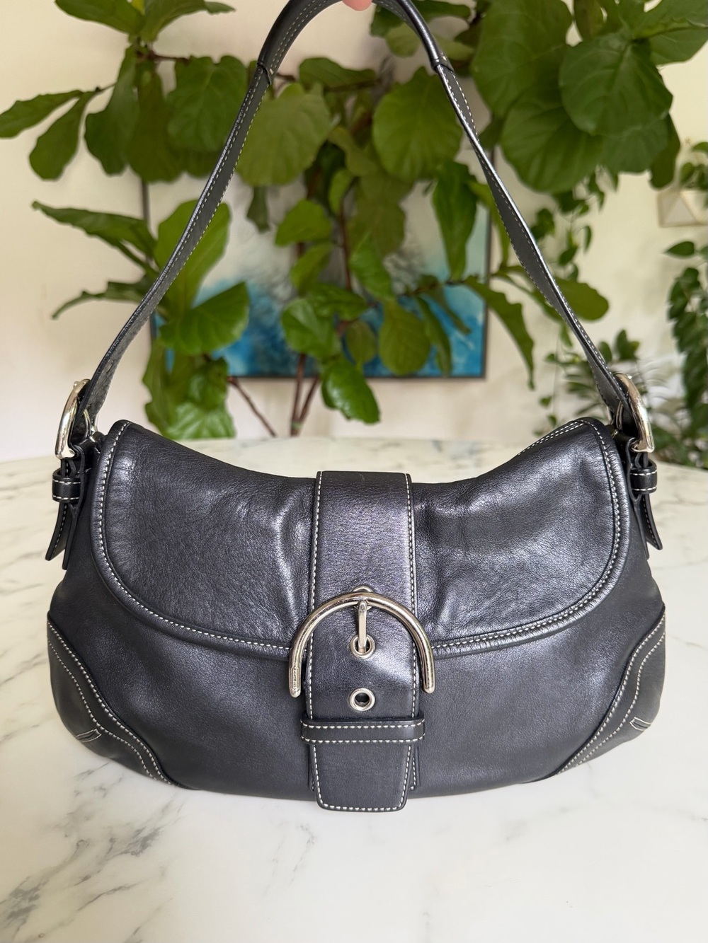 Coach Vintage Y2K Soho Medium Buckle Flap Leather Shoulder Bag 9248 Black Silver